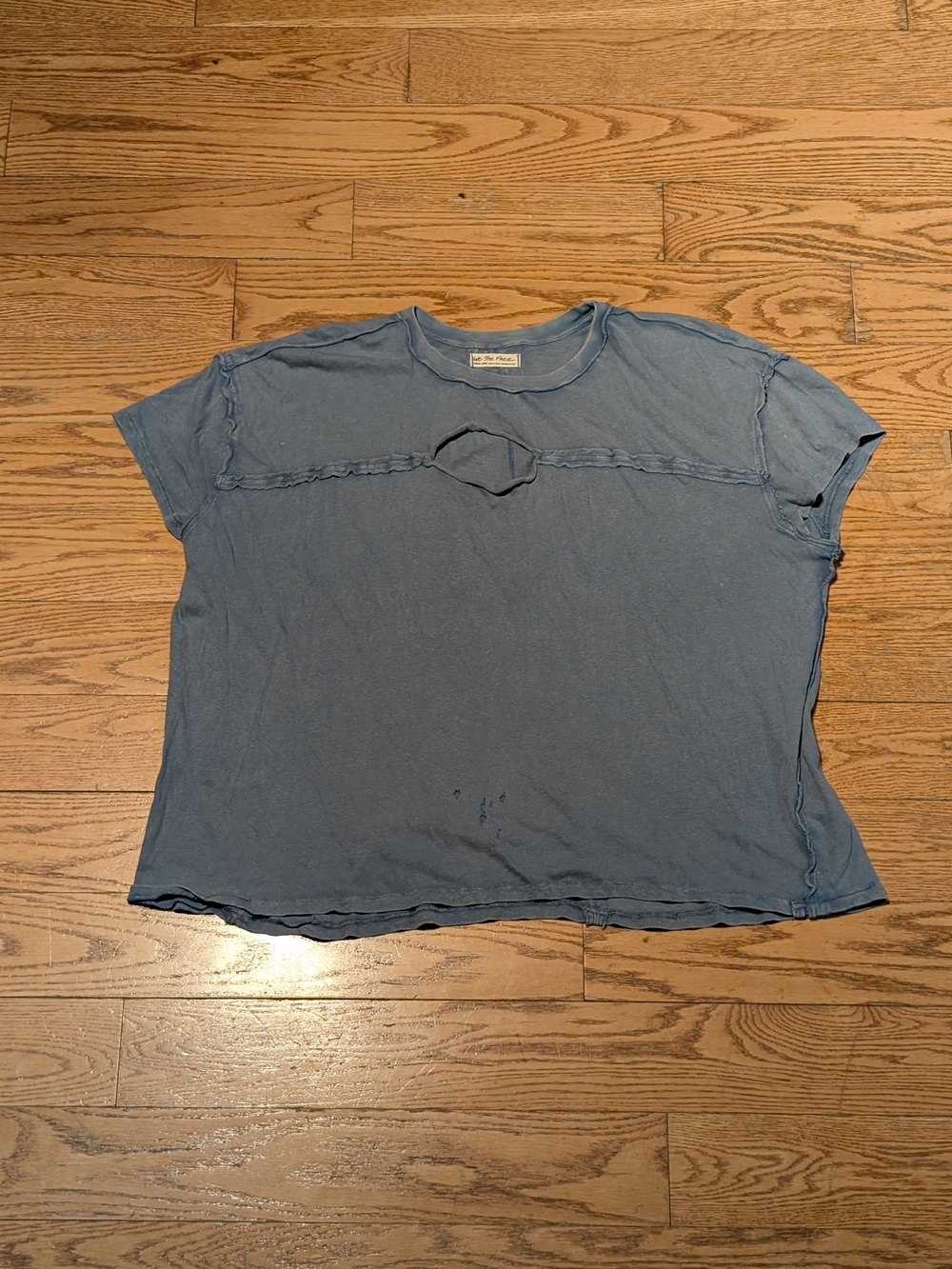 We The Free Washed Blue Distressed Short Sleeve Tee with Front Keyhole